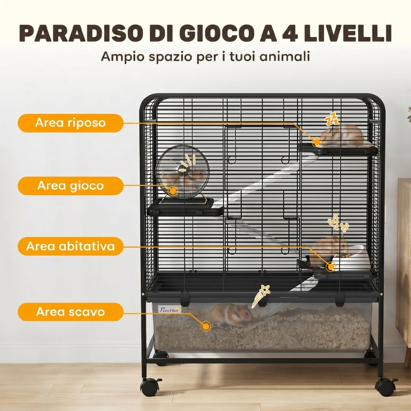 PawHut Gabbia per Conigli in Acciaio a 4 Livelli con Piattaforme, Rampe, Ruote, Serbatoio Acqua e Vassoio Rimovibile, Nero
