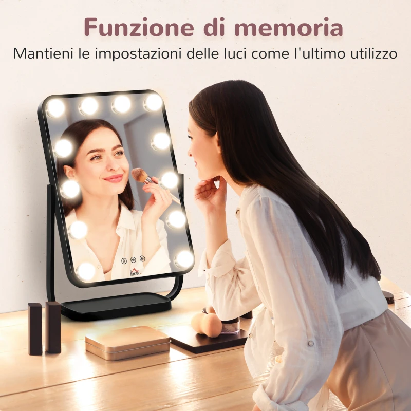 HOMCOM Specchio Trucco Illuminato Inclinabile con 12 Luci LED e Luminosità Regolabile, 32.8Lx11x47.4cm