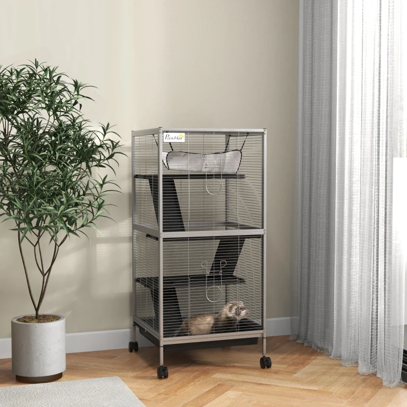 PawHut Small Animal Cage Pet Play House with Wheels Platforms Light Grey