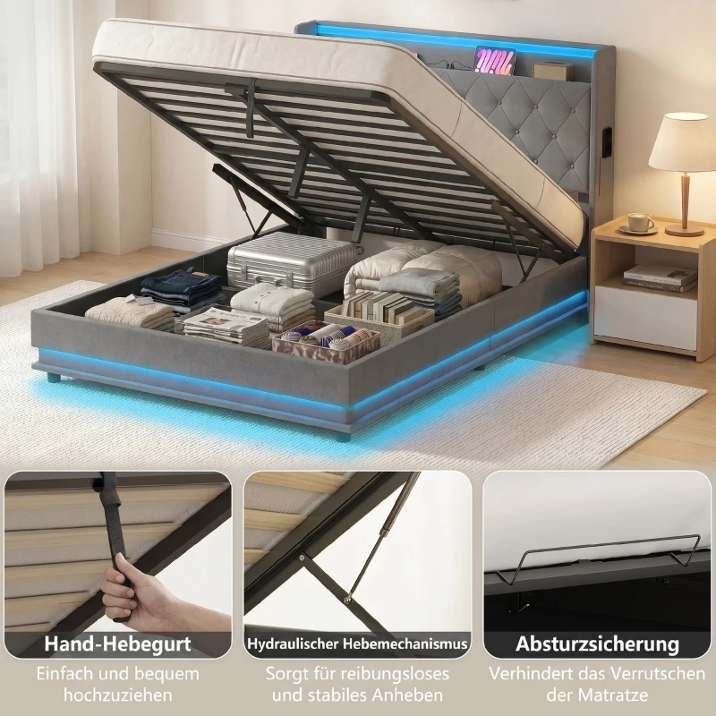 HOMCOM Bettgestell 140 x 200 cm mit Kopf- und Fußteil, Plattformbett mit hydraulischem Stauraum, LED-Lichtern