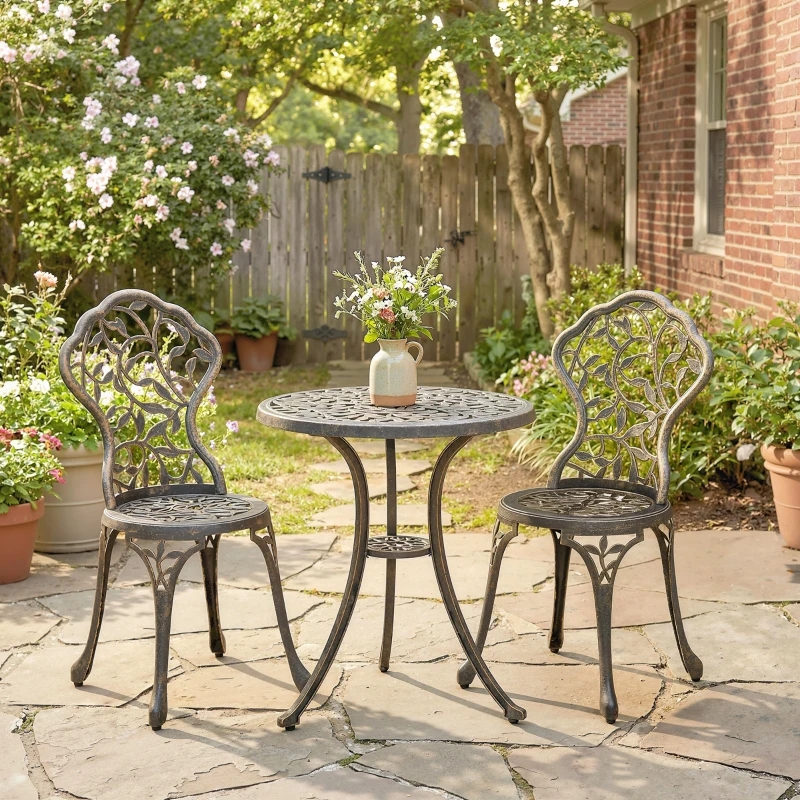 Outsunny 3 Pcs Aluminium Bistro Set Garden Furniture Dining Table Chairs Outdoor Seat Patio Seater Brown