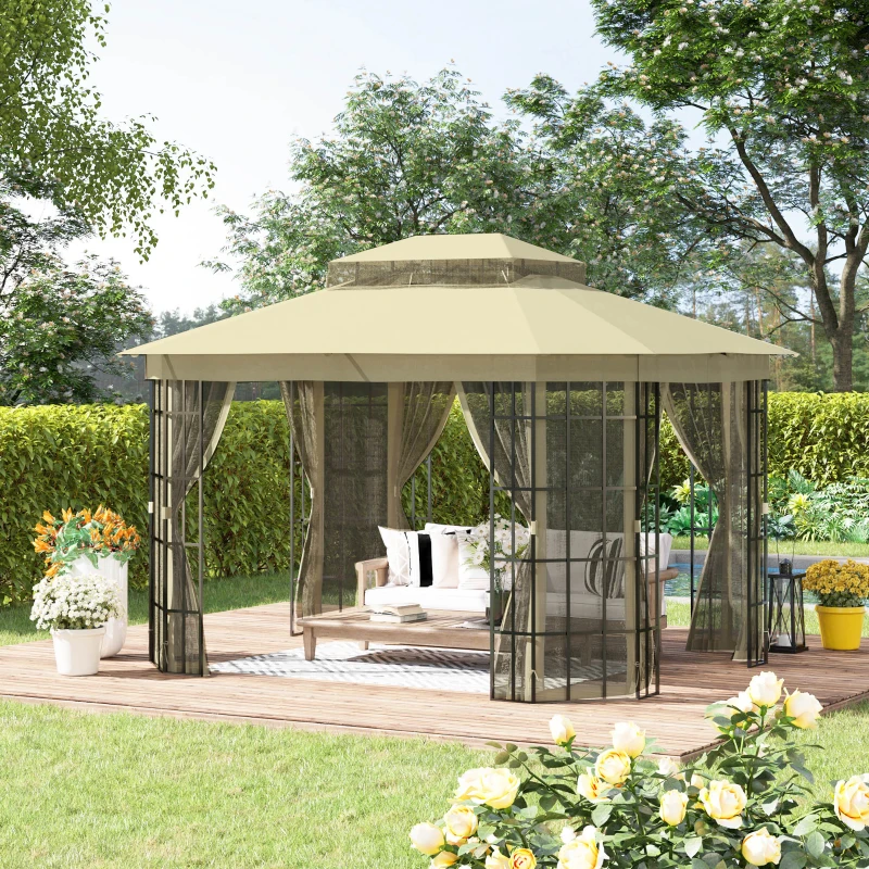 Outsunny Gazebo da Giardino con Zanzariera, Tetto a 2 Livelli e Struttura in Metallo, 3.7x3m, Beige