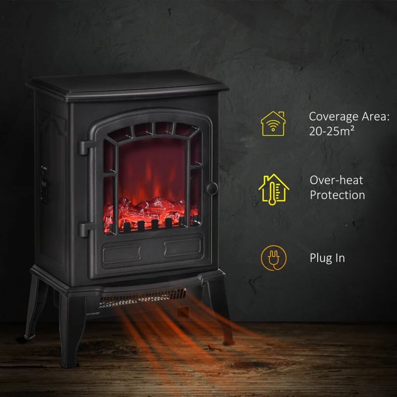 HOMCOM Electric Fireplace Stove Freestanding Log Burner, 1000W/2000W, Portable Electric Fire Fan Heater with LED Flame Effect, Adjustable Thermostat, Overheat Protection, Black