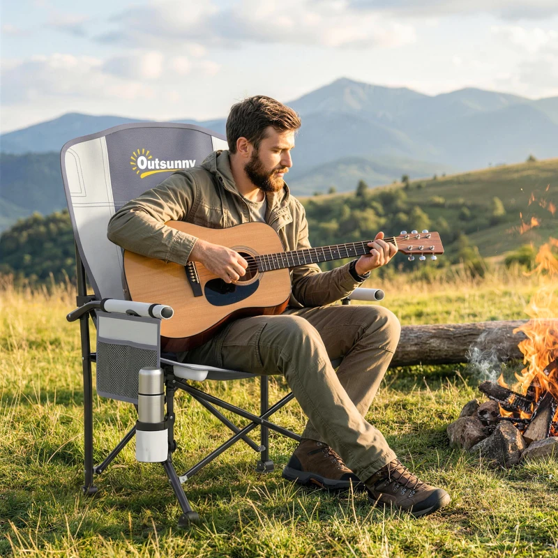 Outsunny Padded Camping Chair Adults Heavy Duty Folding Chair Side Pocket Cup Holder Carry Bag Outdoor Light Grey