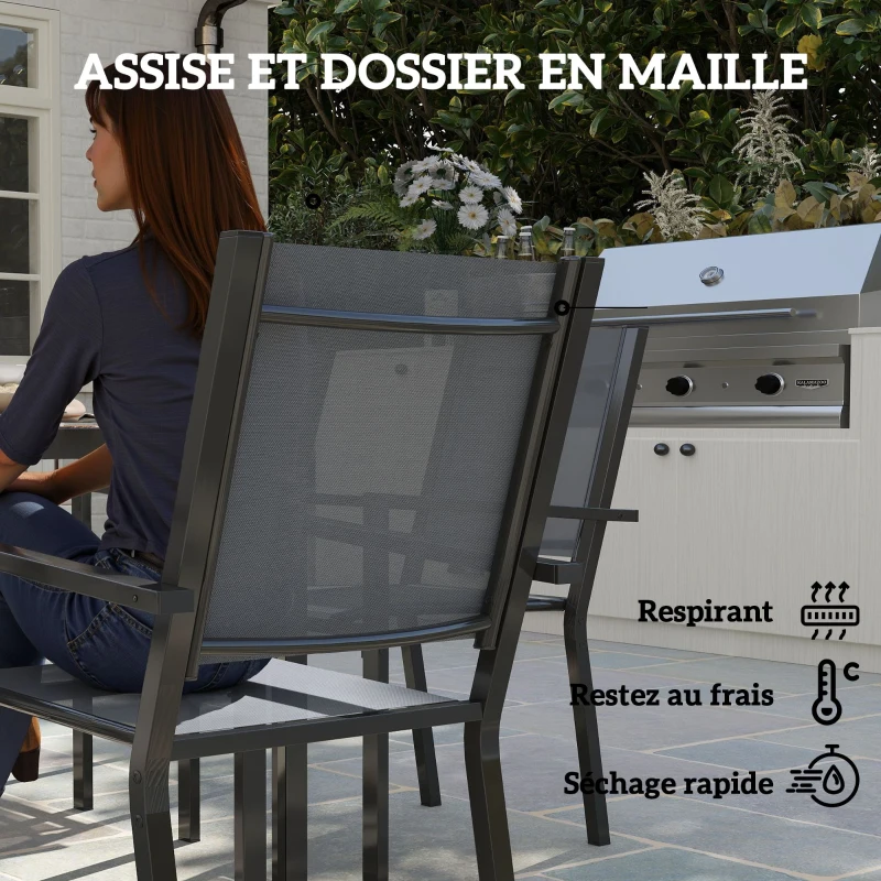 Outsunny Table de jardin extérieure avec 6 chaises empilables, plateau à lattes 150 cm, structure en acier anti-rouille, gris