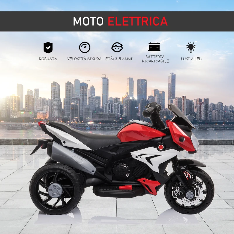 HOMCOM Moto Elettrica per Bambini 3-5 Anni, Batteria 6V con Pedale, Fari, Musica e Clacson, 3 km/h, Max 25kg, Rosso