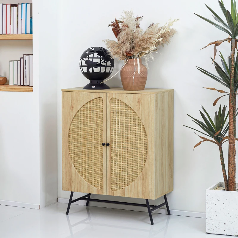 HOMCOM Credenza in Stile Boho con 2 Ante in Legno e Rattan, 80x39x101.8cm Naturale