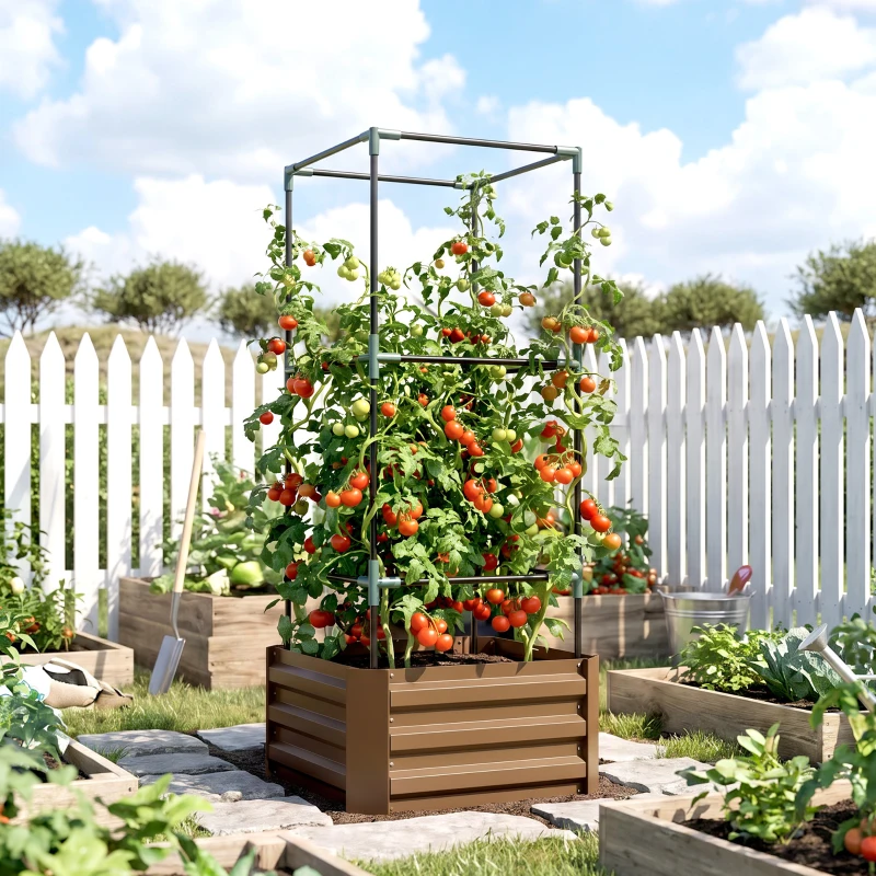 Outsunny Hochbeet mit Rankgitter Pflankasten mit Rankhilfe, offener Boden, wetterbeständig, 61 cm x 61 cm x 140 cm, Braun