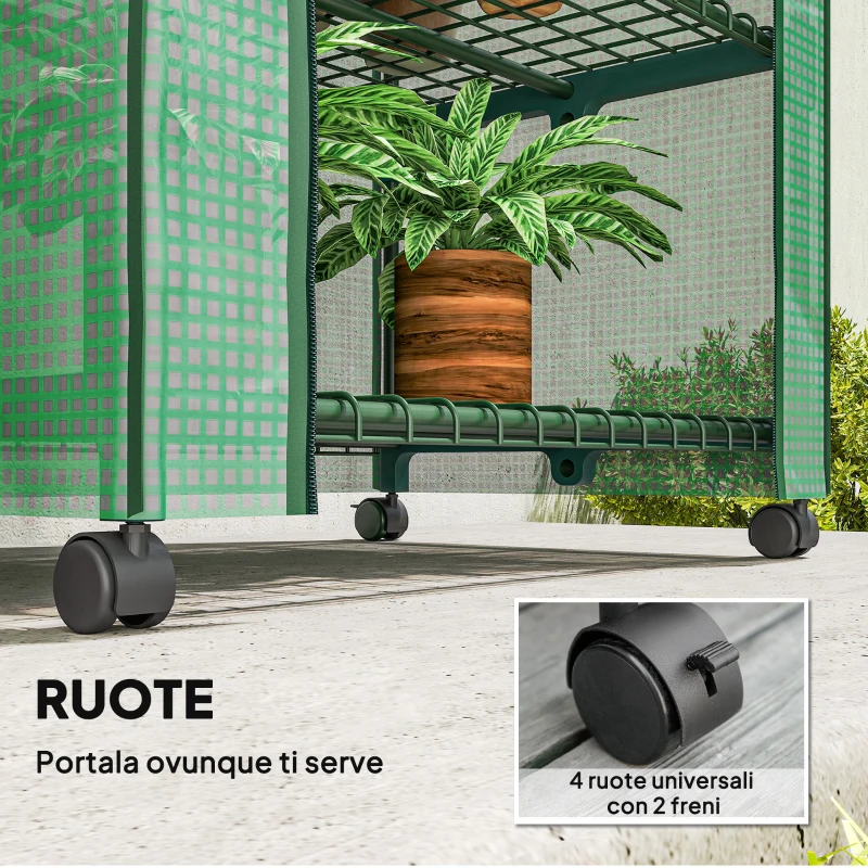 Outsunny Serra da Balcone a 4 Livelli con 4 Rotelle e Ingresso Avvolgibile, in Acciaio e PE, 69x50x165 cm, Verde