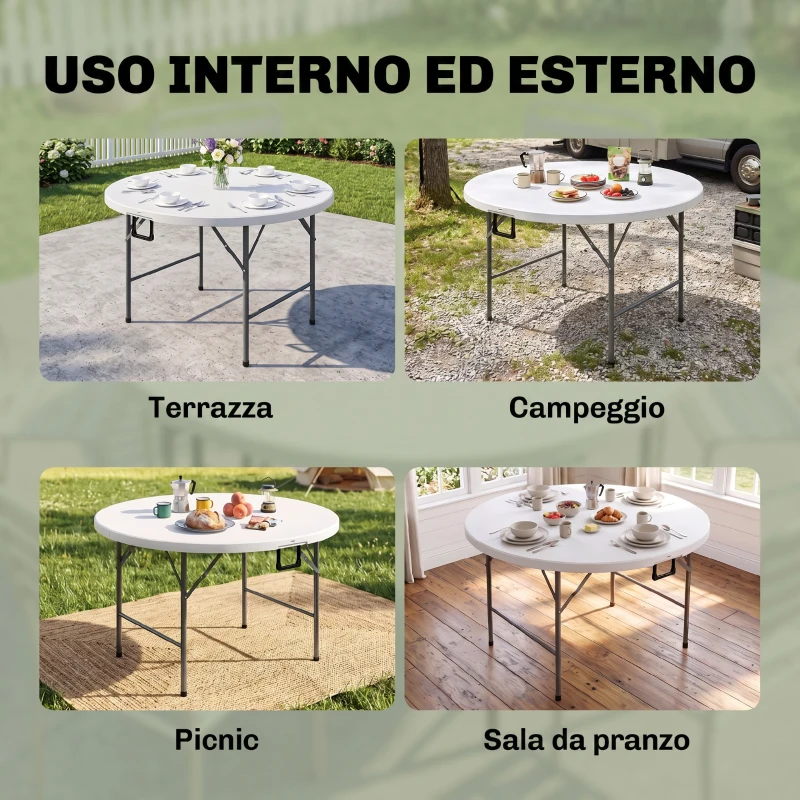 Outsunny Mesa Auxiliar Redonda Mesa de Jardín Plegable con Marco de Acero y Encimera de HDPE Carga 80 kg Ø122x73 cm Blanco