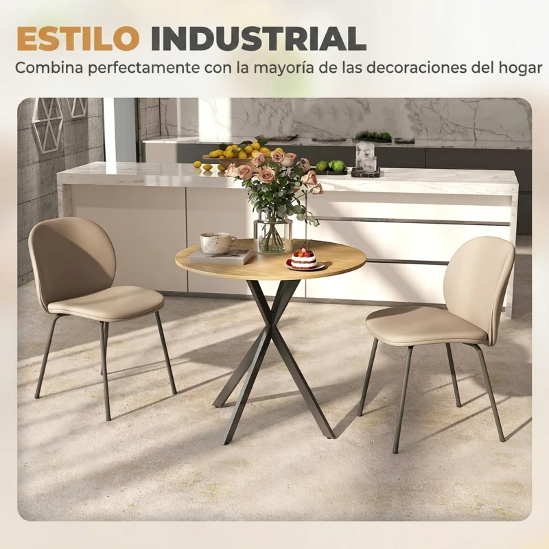HOMCOM Mesa Redonda de Comedor para 2 Personas con Patas de Acero Cruzadas Ø80x75 cm Blanco Roble
