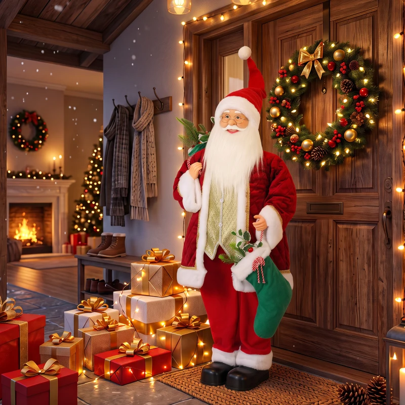 HOMCOM 4ft Life Size Singing Dancing Santa Claus, 120 cm Standing Musical Animated Santa with Stocking, Sack, Posable Arms, Handcrafted, Sound Touch Activated, Moving Christmas Figure Decor