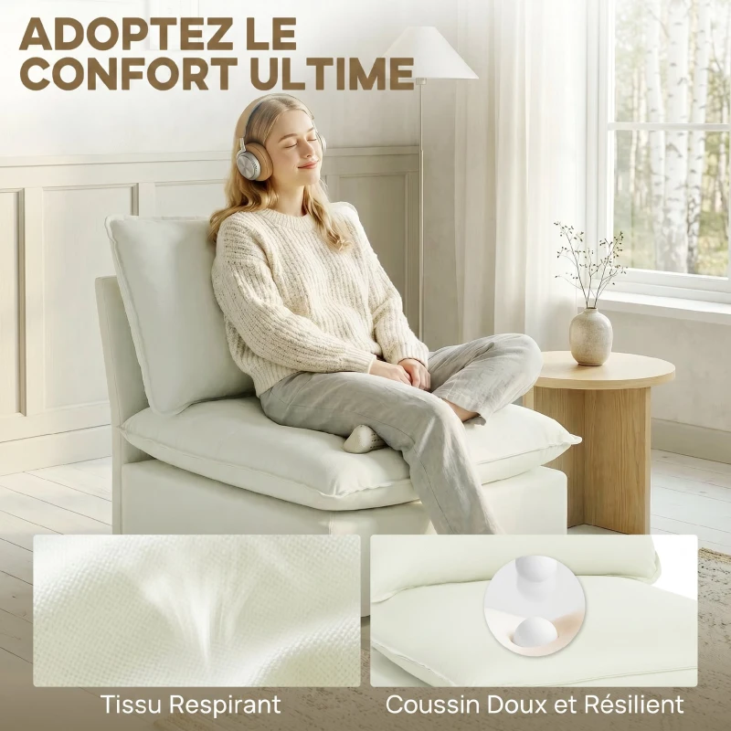 HOMCOM Fauteuil de salon, canapé 1 place moderne sans accoudoirs avec assise large, coussins épais, 146x85x78cm, crème
