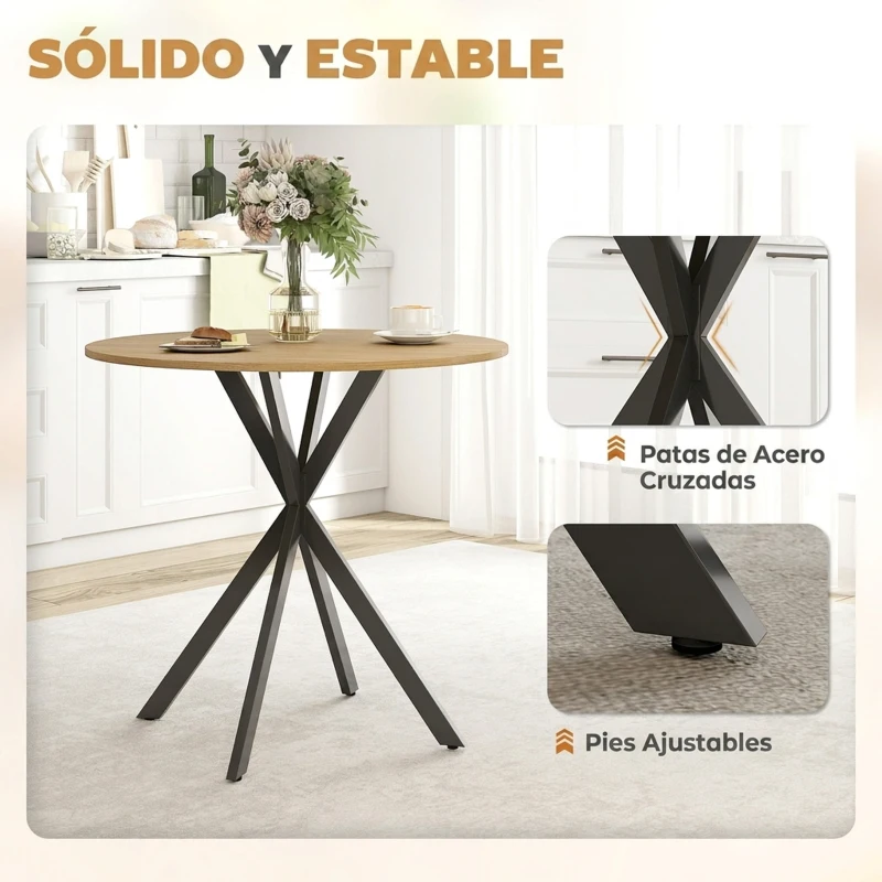 HOMCOM Mesa Redonda de Comedor para 2 Personas con Patas de Acero Cruzadas Ø80x75 cm Blanco Roble