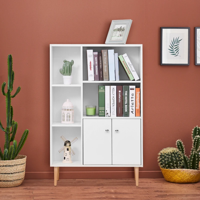 HOMCOM Estantería para Libros Librería de Madera 5 Estantes 2 Puertas Biblioteca Organizador para Hogar y Oficina 80x23,5x123cm
