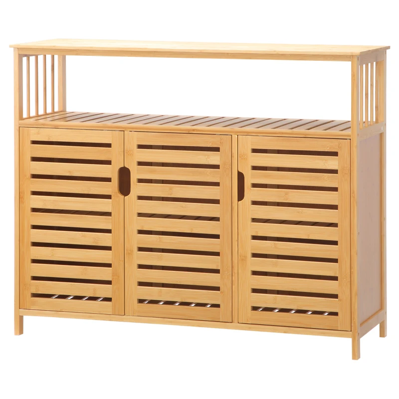 HOMCOM Aparador para Salón de Bambú con 3 Puertas Ranuradas Estantes para Comedor Cocina Entrada Natural 100x35x82 cm