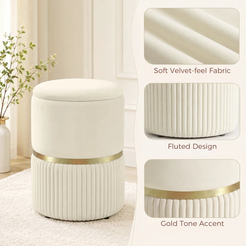 HOMCOM Round Storage Stool, Velvet-feel Fabric Upholstered Vanity Stool with Removable Top, Padded Seat and Hidden Space, Beige