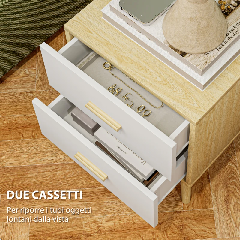 HOMCOM Comodino con 2 Cassetti in Legno in Stile Scandinavo, 40x40x50 cm, Rovere