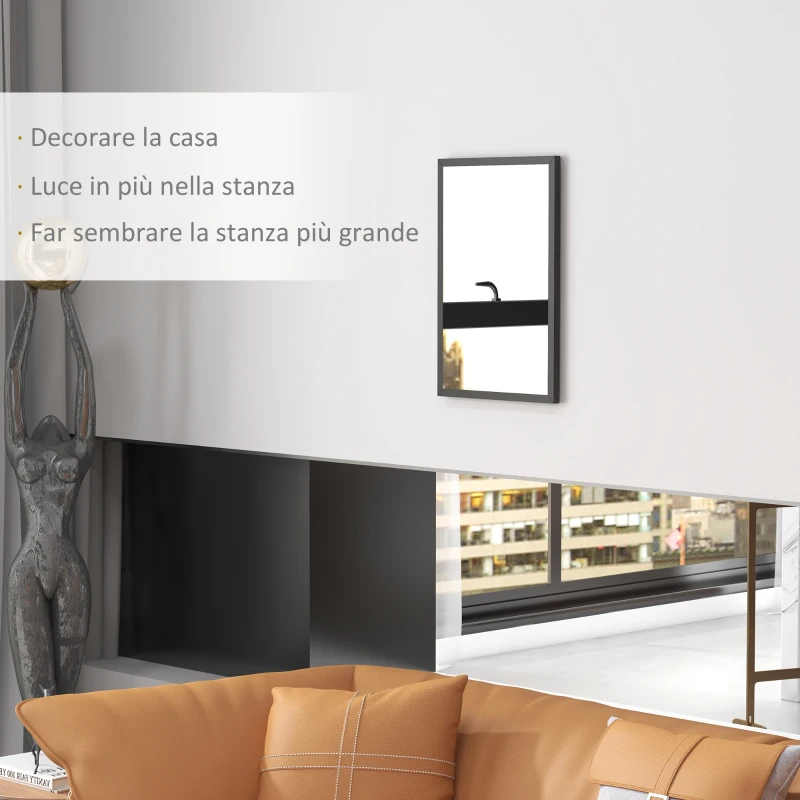 HOMCOM Specchio da Parete Rettangolare con Ganci, in Vetro e MDF, 40x60 cm, Nero