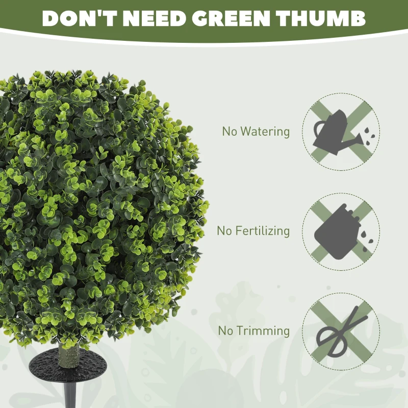 HOMCOM Set of 2 40 cm Artificial Boxwood Topiary Ball Bush with Integrated Ground Stake, Eucalyptus Leaves, Indoor Outdoor UV Resistant Faux Greenery, Faux Plants for Garden, Porch, Balcony