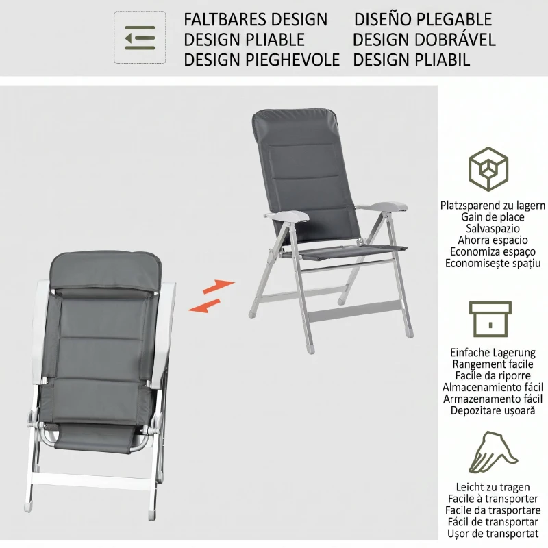 Outsunny Scaun de pescuit pliabil cu brațe și spătar reglabil, din aluminiu și poliester, 75x61,5x76-115 cm, gri