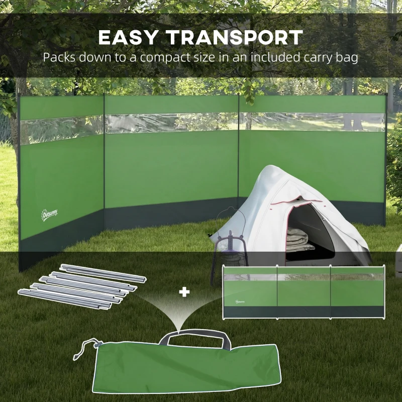 Outsunny Camping Windbreaker with Clear Windows, Carry Bag and Steel Poles, for Beach Caravan Campervan, 440 x 140cm, Army Green