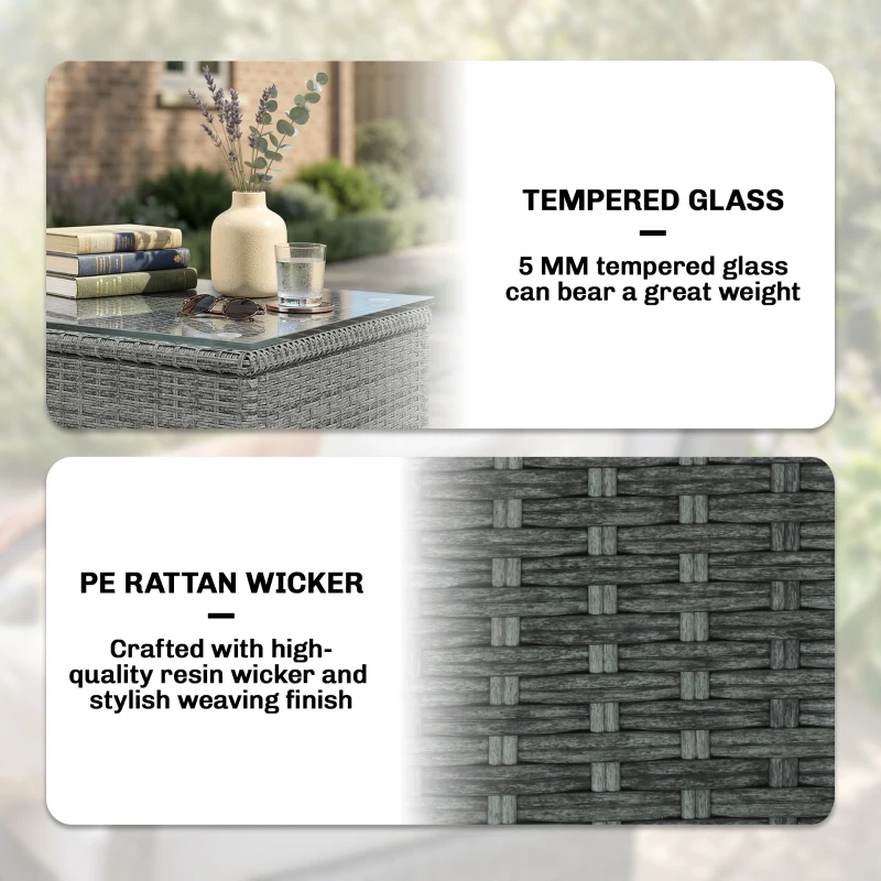 Outsunny 3 Pieces Rattan Bistro Set, Wicker Garden Furniture Set with Metal Frame, Cover, Glass Top Coffee Table, Light Grey