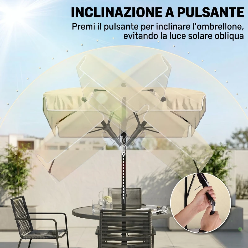 Outsunny Ombrellone da Giardino Rettangolare e Regolabile con Palo in Alluminio, 2x1.3x2.5 m, Beige