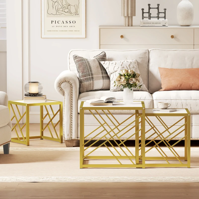 HOMCOM Nesting Coffee Tables, Set of 3 Square Side Tables with Gold Metal Frame, for Living Room, Bedroom and Office, White
