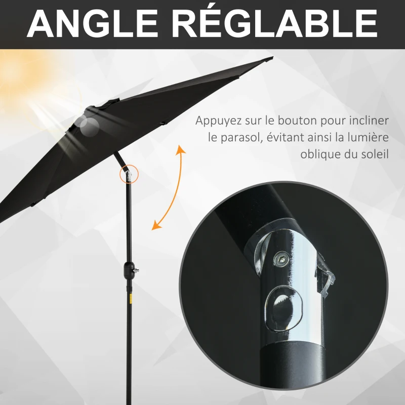 Outsunny Parasol droit parasol inclinable de jardin manivelle toile polyester haute densité 180 g/m² Ø2,6 x 2,35 m aluminium noir