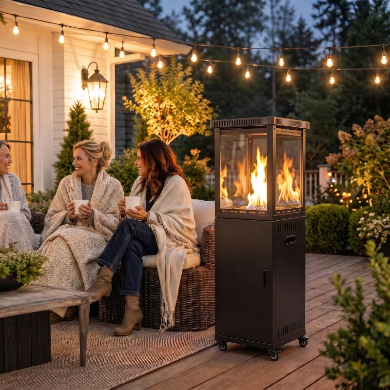 Outsunny Estufa de Gas para Terraza 13 kW con Encendido Piezoeléctrico Antivuelco 4 Ruedas Vidrio Templado Piedras de Lava Negro