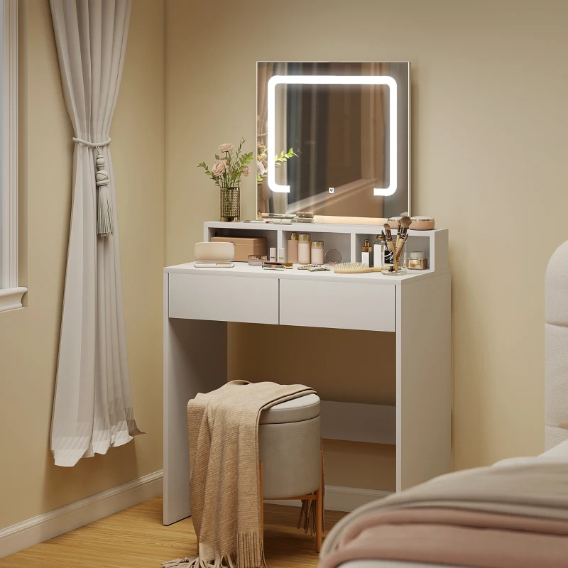 HOMCOM Storage Dressing Table, with LED Light Mirror - White