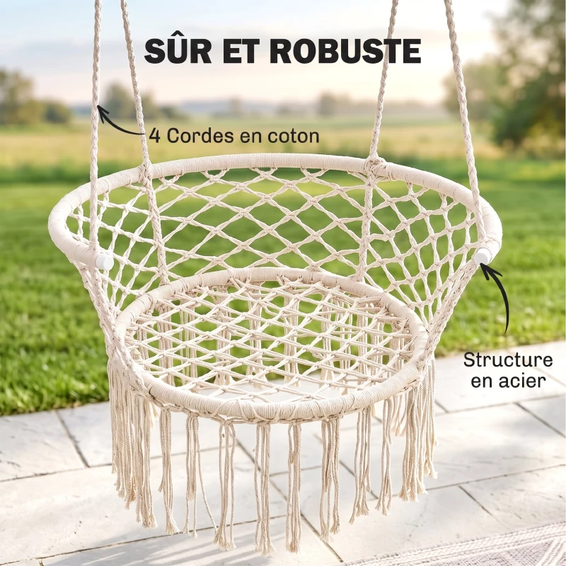Outsunny Chaise Suspendue hamac de Voyage Portable dim. 80L x 60l x 36H m macramé Coton Polyester Beige