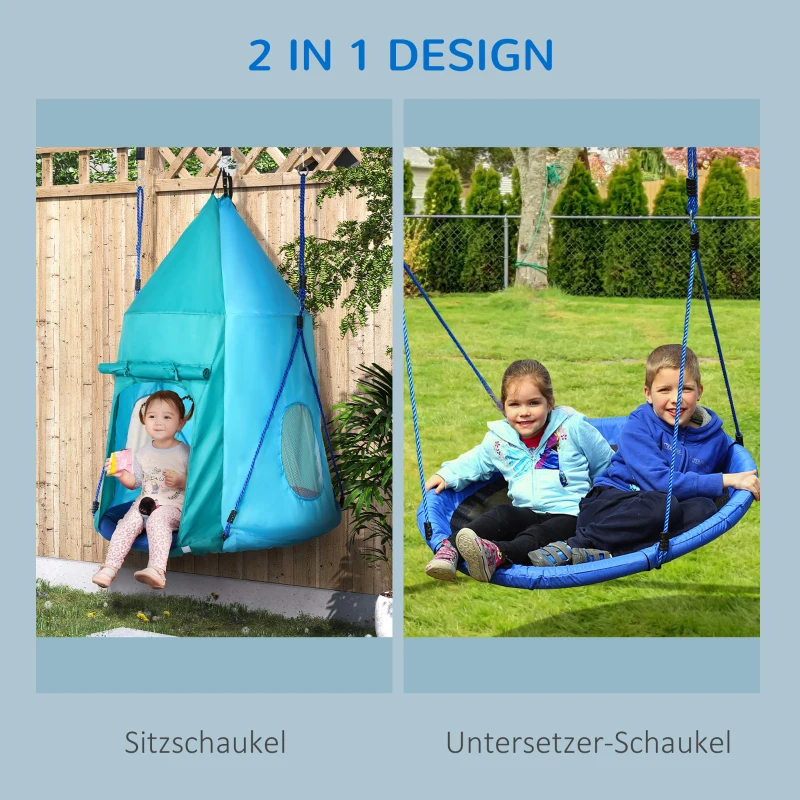 Outsunny Nestschaukel mit Zelt, Ø100 cm, längenverstellbare Seile, wasserdicht, bis 150 kg belastbar, blaugrün
