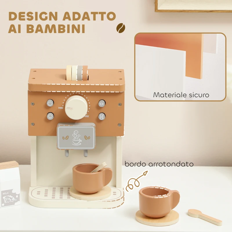 AIYAPLAY Set Macchina del Caffè Giocattolo in Legno per Bambini da 3 Anni con Accessori, Marrone