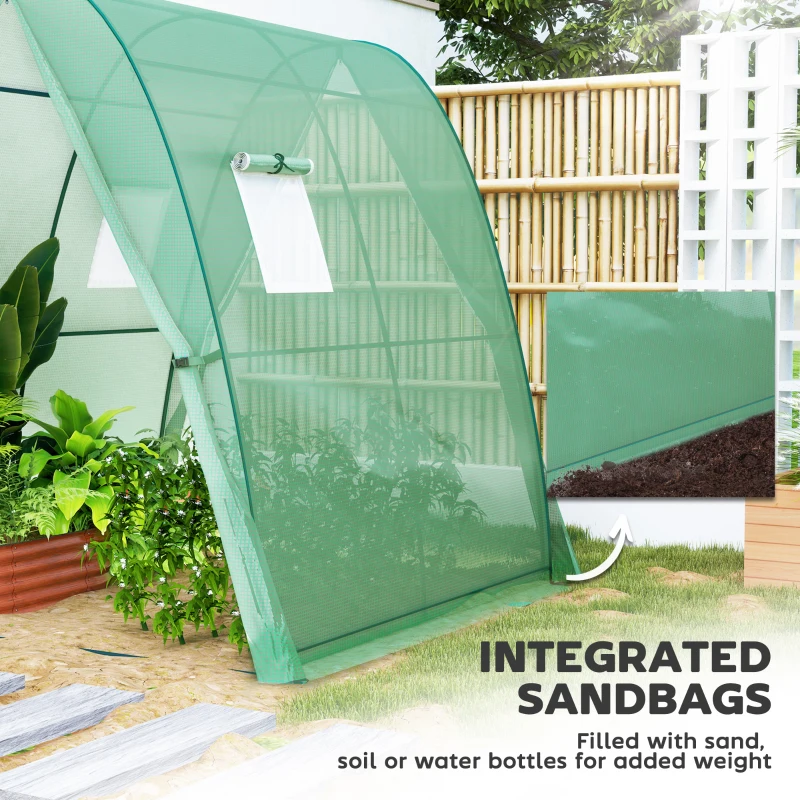Outsunny Polytunnel Greenhouse with Sandbags, Walk-In Tunnel Green House with 2 Doors and Screen Windows, 1.8 x 1.8 x 2m, Green