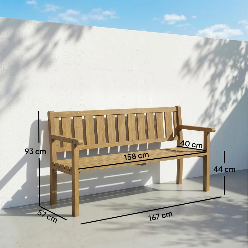 Outsunny Gartenbank 3-Sitzer Wetterfest Holzbank mit Rückenlehne Armlehnen, Holz Sitzbank 360 kg belastbar Teak