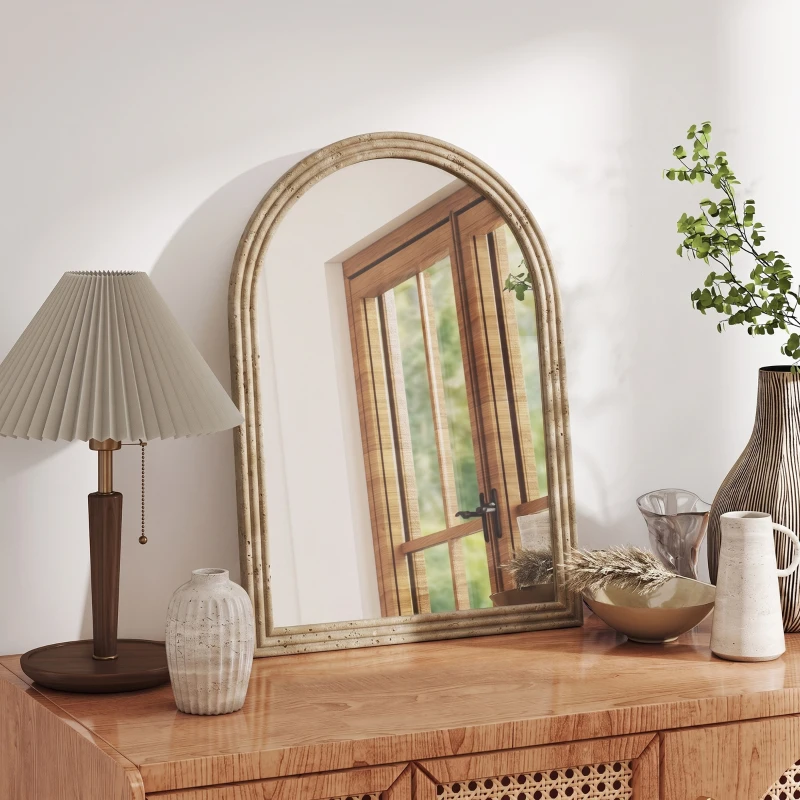 HOMCOM Modern Wall-Mounted Mirror, Arched Wall Mirror with Grooved Edge for Living Room, Entryway, Hallway, Brown