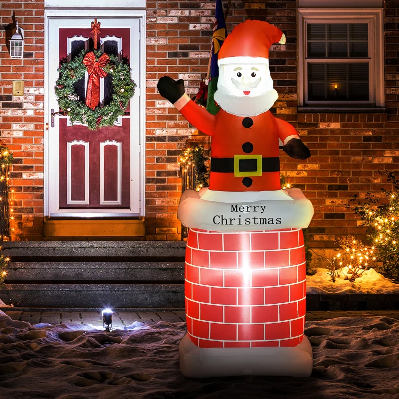 HOMCOM Aufblasbarer Weihnachtsmann mit Schornstein, LED-Beleuchtung, integriertes Gebläse, 80 x 70 x 210 cm