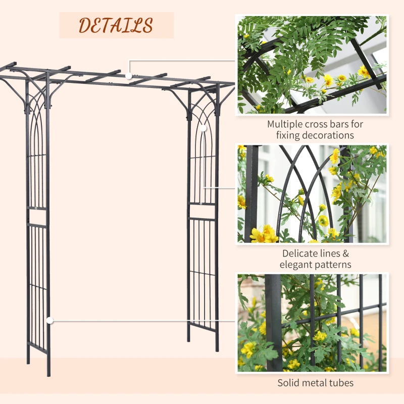 Outsunny 210cm Decorative Metal Garden Trellis Arch with Durable Steel Tubing & Elegant Scrollwork, Great for Weddings, Dark Gre