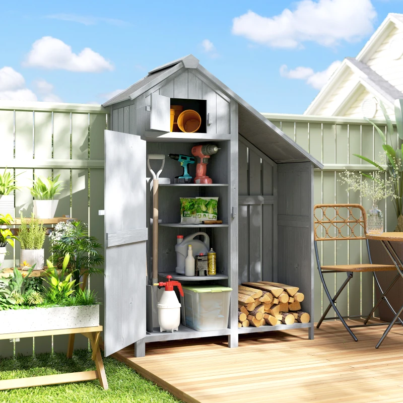 Outsunny Garden Outdoor Storage Shed 3 Shelves Tilt Roof w/ Firewood Rack Log Carrier, 129L x 51.5W x 180H cm