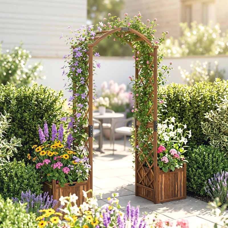 Outsunny Wooden Garden Arch with 2 Planter Boxes, Outdoor Rose Arch Trellis for Climbing Vines, Carbonised