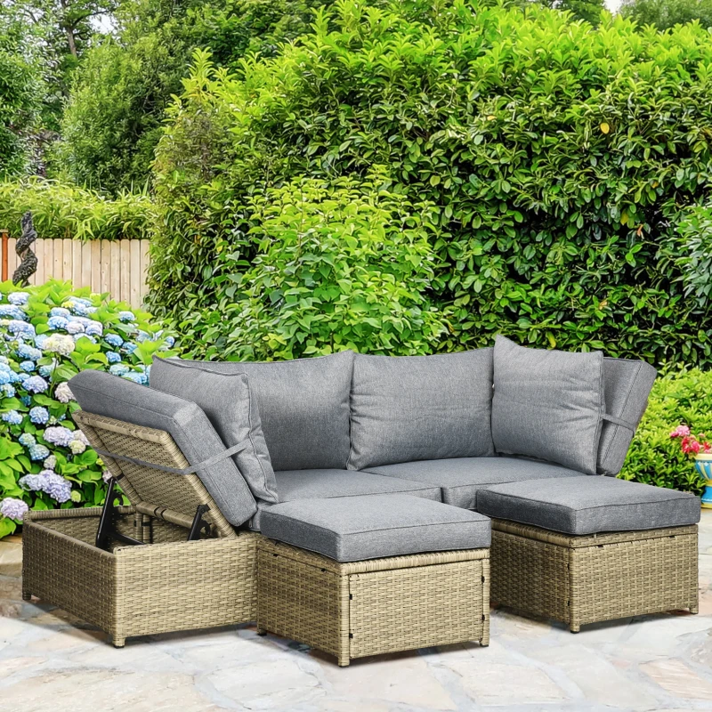 Outsunny 4-tlg. Gartenmöbelset, Rattanoptik, 2x Sofa, 2x Hocker, frei kombinierbar, Sitzkissen, dunkelgrau