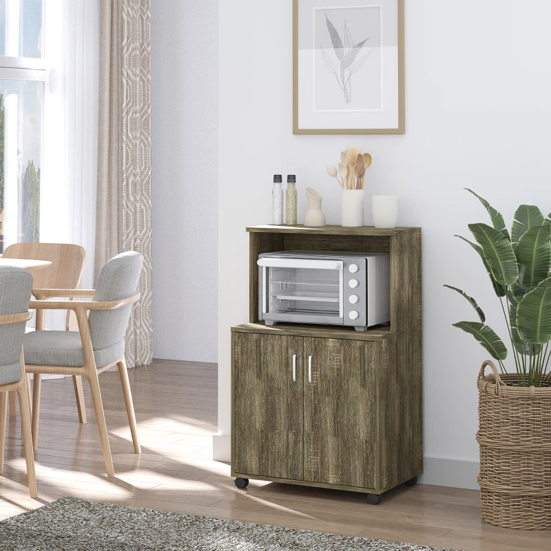 HOMCOM Mobile Cucina Multiuso con 4 Ruote, Armadietto e Ripiano per Microonde, 60.4x40.3x97cm - Grigio