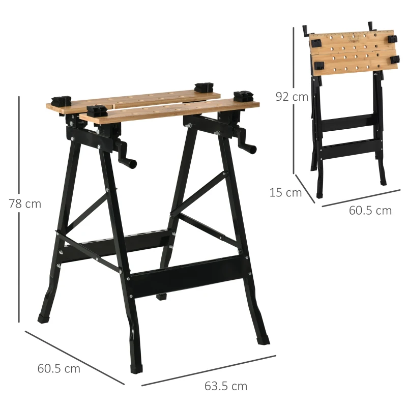 HOMCOM Banc de Lucru Pliabil cu 4 Menghine, Riglă și Unghiometru, Capacitate 150 kg, Negru și Lemn
