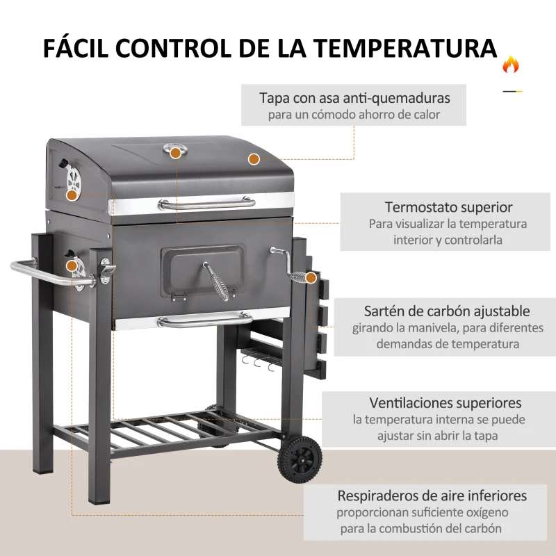 Outsunny Barbacoa de Carbón Vegetal con Ruedas Estantes Parilla Barril Carro de BBQ Picnic Acampada Smoker Ahumador de Carbón 115x56x108cm