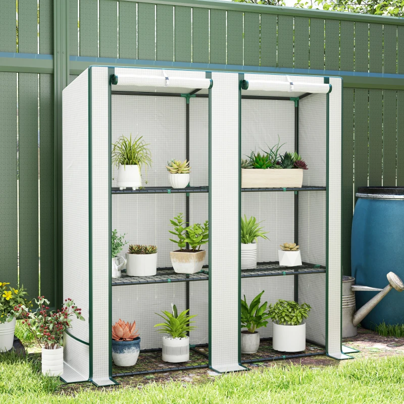 Outsunny Serra da Giardino con 2 Porte Avvolgibili, Scaffale a 3 Ripiani e Tasche Laterali, Bianco e Verde