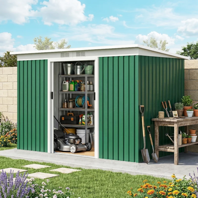 Outsunny Abri de jardin 3,6 m² 280 x 130 x 172 cm kit de fondation porte coulissante ventilations acier galvanisé vert foncé