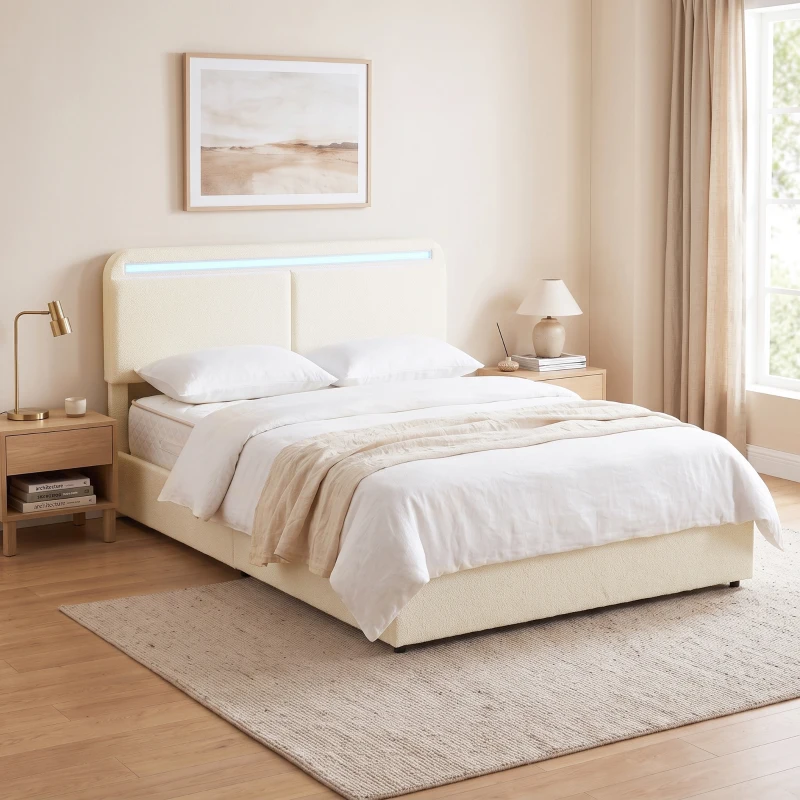 HOMCOM Pat cu spațiu de depozitare 140 x 190 cm, LED RGB, Tăblie Reglabilă, Cadru de Pat Dublu Căptușit Catifea, Depozitare Hidraulică, Crem
