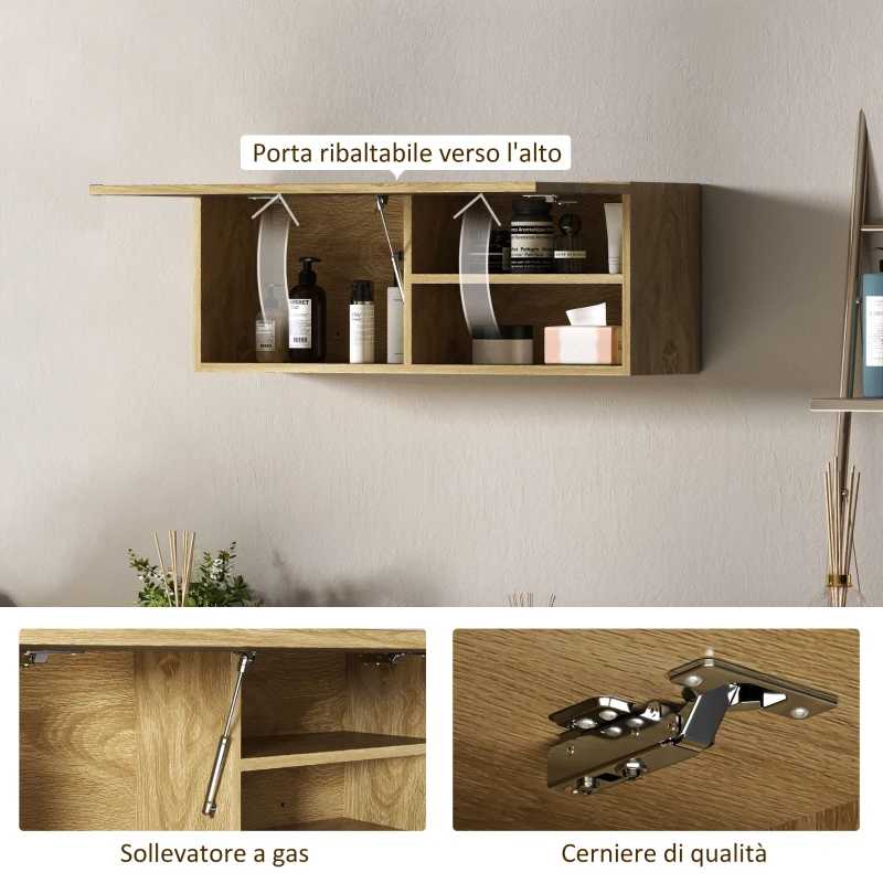 HOMCOM Mobiletto Bagno Pensile con Anta a Ribalta e Ripiani, 80x25x30 cm, Legno Naturale